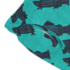 Close up photo ofBlue green short swim trunks with fish print