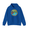 Blue Hoodie with Many Nations, One Earth print in the middle