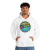 A man wearing a white hoodie