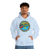 A man wearing a sky blue hoodie