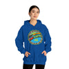 A woman wearing a blue hoodie