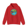 Red Hoodie with Many Nations, One Earth print in the middle