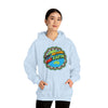 A woman wearing a sky blue hoodie