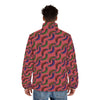 A man wearing Red Puffer jacket with boomerang print back view