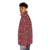 A man wearing Red Puffer jacket with boomerang print side view