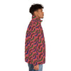 A man wearing Red Puffer jacket with boomerang print side view