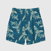 Blue short swim trunks with shark print