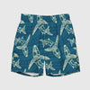 Blue short swim trunks with shark print back view